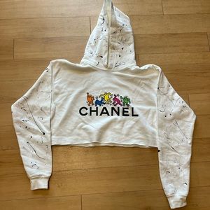 Hand painted custom design cropped hoodie with Chanel and Keith herring design
